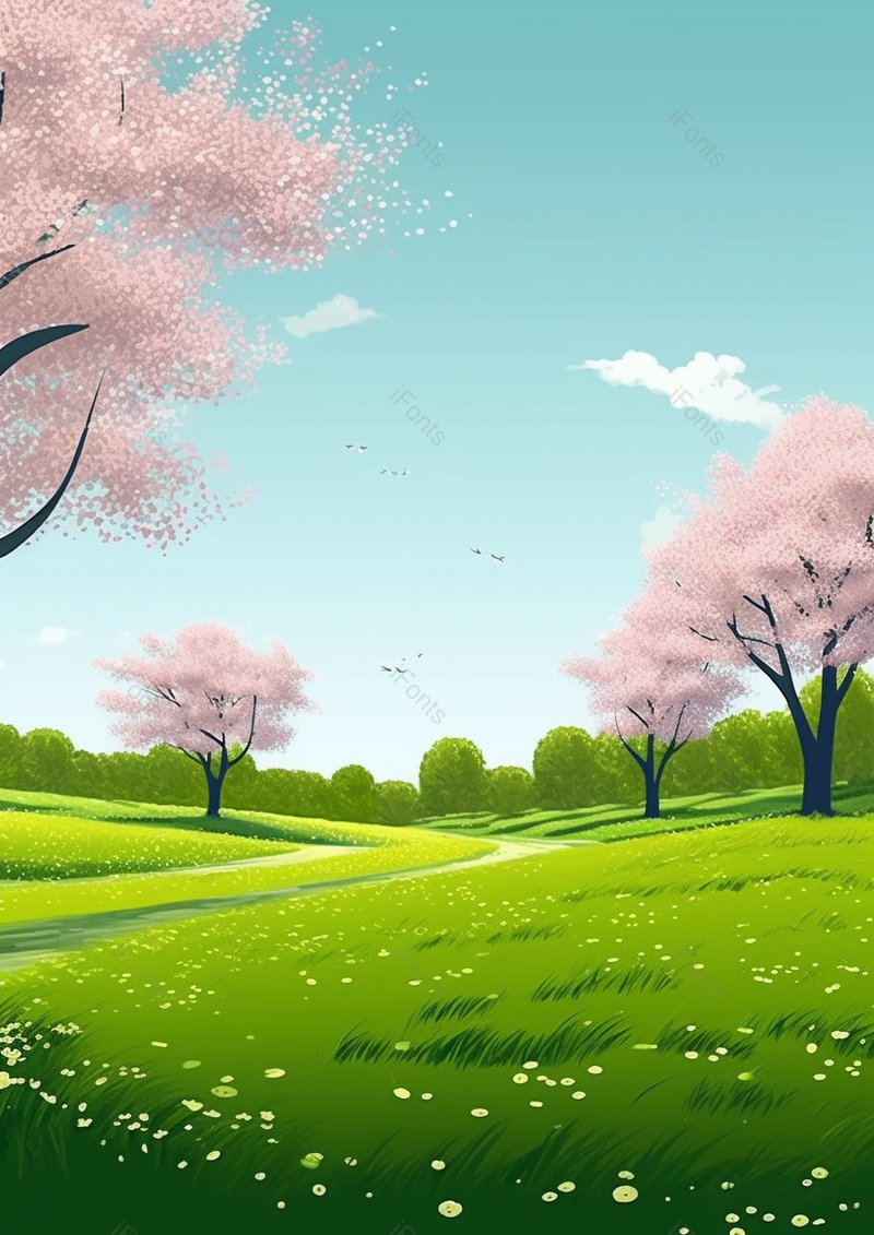 蓝色天空白云下的绿色草地和开满花朵的树林,插画/手绘图,插画/手绘图库,插画/手绘图下载,插画/手绘